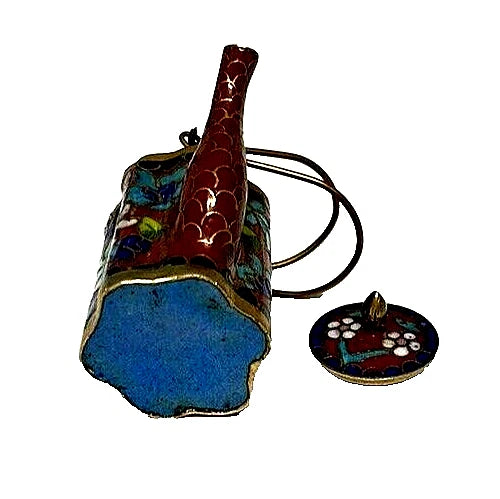 Vintage CHINESE CLOISONNE Brass and Enamel BROWN Miniature TEAPOT Floral Lid