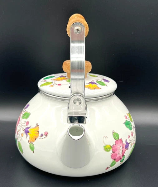 GAILSTYN SUTTON Vintage Enamel Ware Metal Teapot 1983 Floral Foliage II EUC
