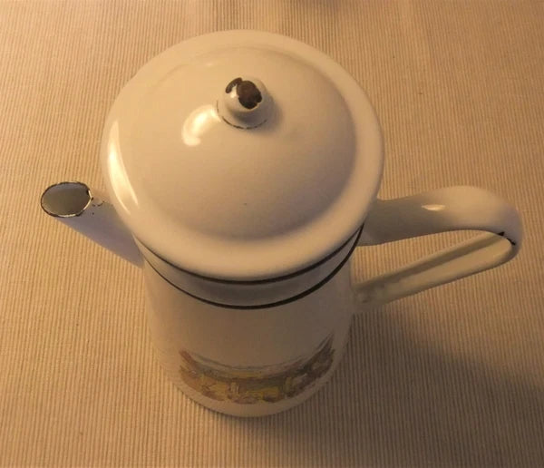 ANTIQUE SCREEN PRINTED PORCELAIN ENAMEL COFFEE MAKER OR TEAPOT