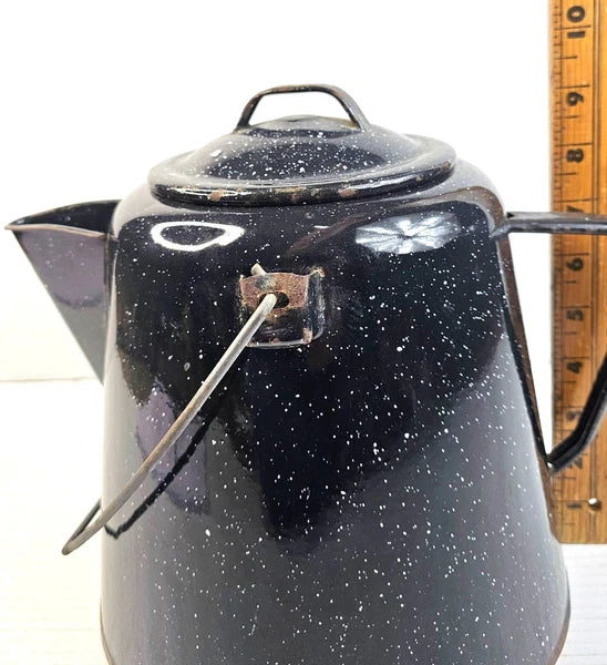 Vintage Black Enamelware Coffee Pot With Speckled Design Lid Camping Tea Kettle