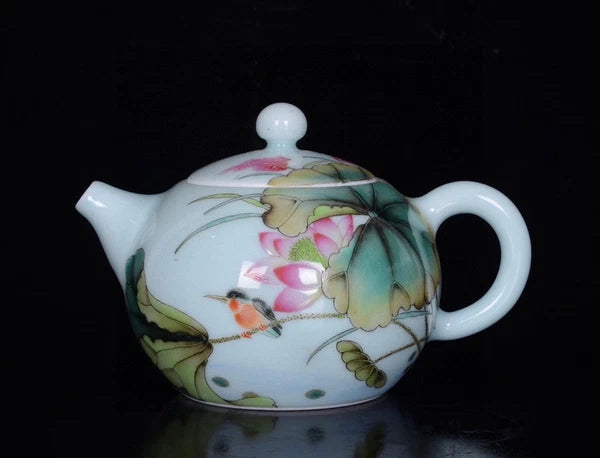 Chinese Enamel Color Porcelain Handmade Exquisite Flower Bird Teapot