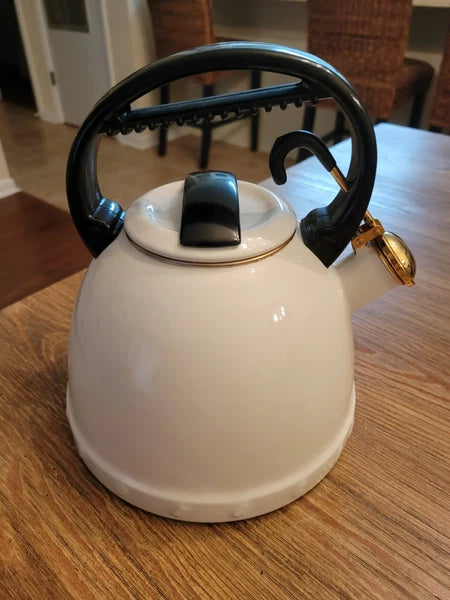 Vintage 1983 M Kamenstein Tea Kettle Whistling Teapot White Enamel w Gold 2.7 Qt