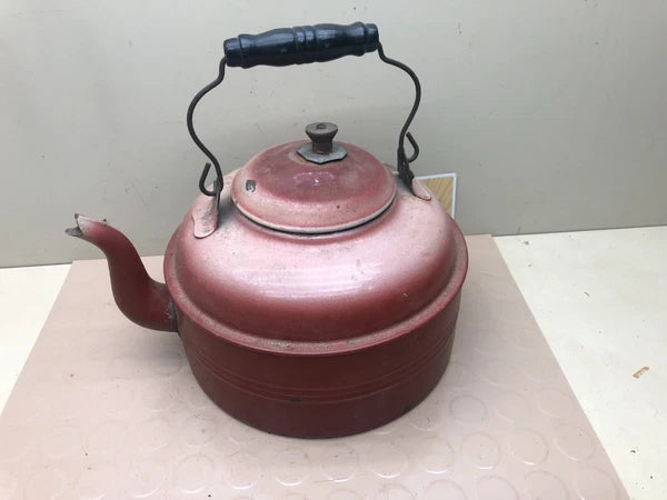 Vintage Enamelware? Tea Kettle Teapot with Wooden Handle