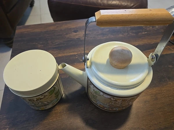 Vintage Beige Enamel Wear  Tea Pot & Tea Can Kettle Wood Handles, Sailboat 5"