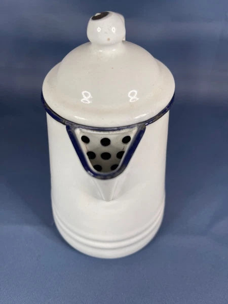 Enamelware Small 6 1/2" Coffee / Tea Pot White/Black Trim. RARE Find! 4736
