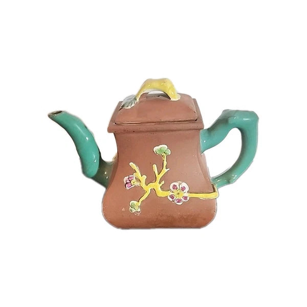 Antique Chinese Teapot Yixing Zisha Clay Pottery Bamboo Enamel Marked 5  7/8 x 7