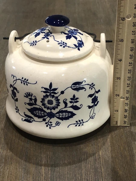 Vntg Japan Blue Onion Porcelain Enamel Ware Teakettle W/Wire Metal HandleVGUC