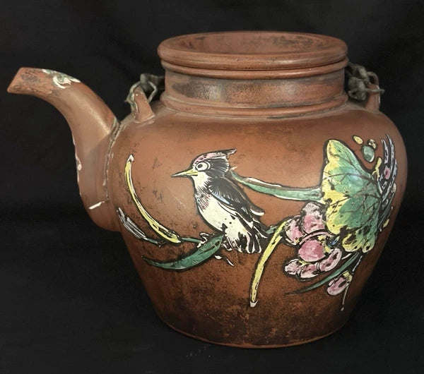 ANTIQUE CHINESE YIXING ZISHA CLAY TEAPOT WITH ENAMELED FLORAL & BIRD DECORATIONS