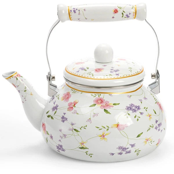 Vintage Enamel Tea Kettle 2.6 Quart Floral Enamel on Steel Water Kettle Teapo...