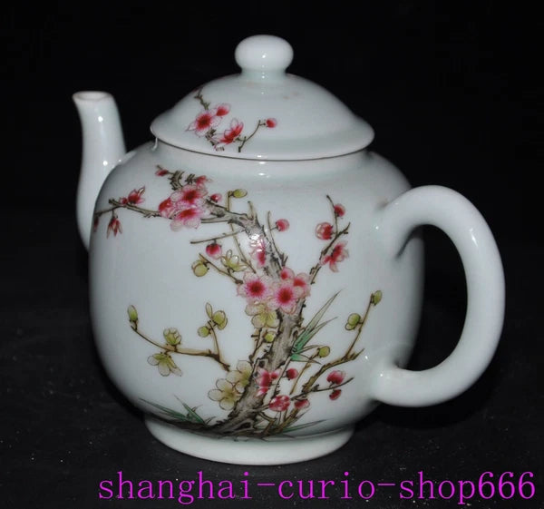 6.4"Qing Dynasty Qianlong enamel porcelain Plum blossom Tea set Teapot statue