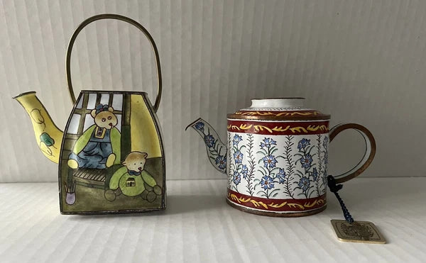 Enamel Mini Copper Hand Painted Teapot NO LIDS Miniature LOT OF 2 Vintage