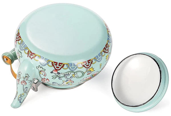 2.6QT Floral Enamel Tea Kettle with Ceramic Handle – Vintage Stovetop Pot