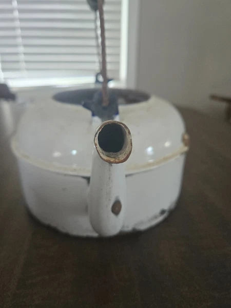 ENAMEL White Antique Tea Kettle Pot Wood Handle-No Lid