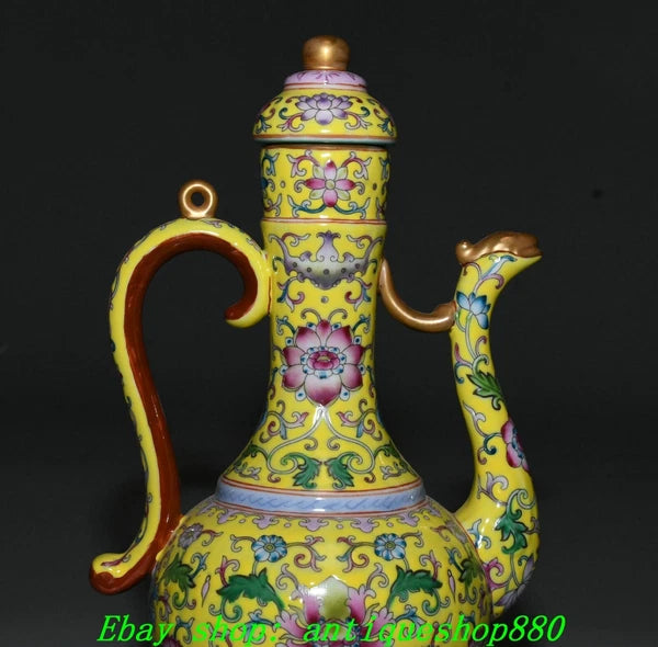 9.8''Qing Yongzheng Enamel Colour Porcelain Gilt Portable Wine Tea Pot Flagon