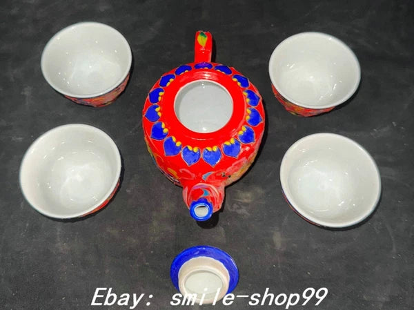 4.5" Qianlong Enamel Colour Porcelain Dragon Phoenix Beast Tea Pot Cup Set