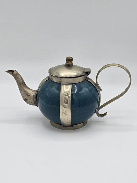 Vintage Moroccan Blue Ceramic Ornate Decorative Incense Teapot