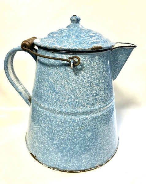 Large Granite Ware Enamel Ware  Blue White Splatter Swirl Teapot Vintage