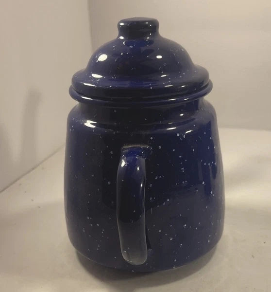 Enamelware Speckled Blue Tea Pot Kettle, Cup And Small Picher