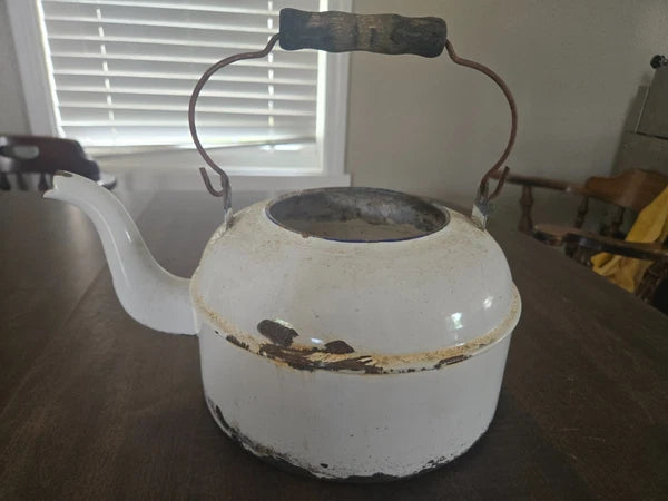 ENAMEL White Antique Tea Kettle Pot Wood Handle-No Lid
