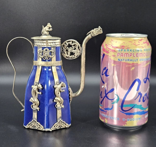 Vintage Chinese Blue Enamel Dragon Ewer Teapot w/ Rat Finial