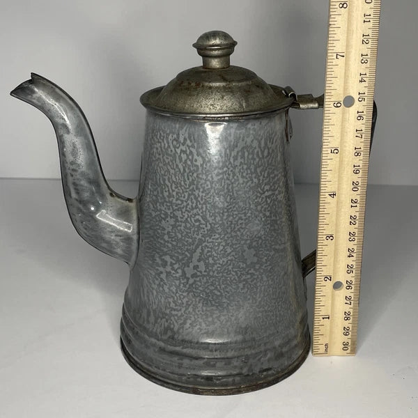 Grey Mottled Enamelware Gooseneck Hinged Coffee Tea Pot Antique Spatterware GUC