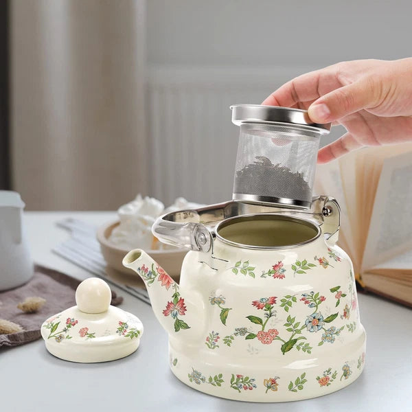 1.8 Quart Vintage Enamel Stovetop Tea Kettle, Retro Green Floral Enamel on St...