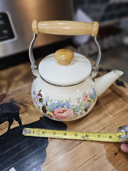 Vintage enamelware Cream / flowers tea kettle w wood handle - farmhouse-country