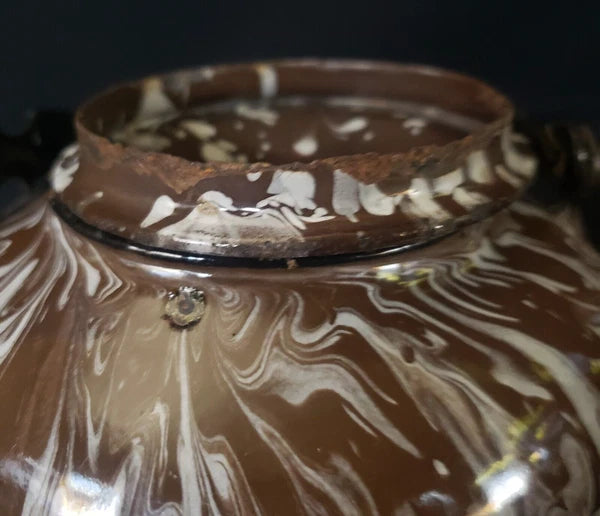 Rare Vintage Enameled Ware Brown / White Mottled Pattern Teapot