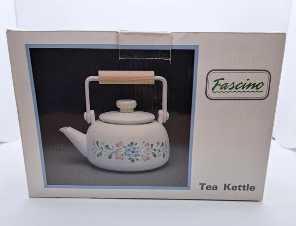 Vintage Unused Fascino Metal Enamel Stovetop Tea Kettle White/Floral
