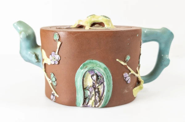 Antique Vintage Chinese Yixing Zisha Bamboo Form Teapot With Enamel