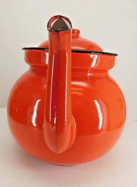 Huta Silesia Polish Enamelware Tea Kettle Red Enamel 14 Poland Vintage 1970's