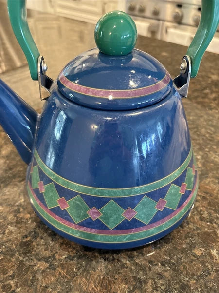 Phalzgraph Enamel Tea Pot 10" Tall 8" Diameter Blue with Green Diamonds