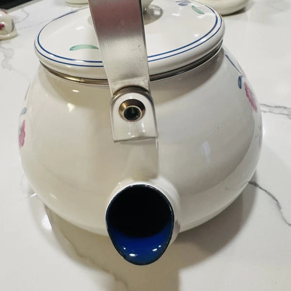 VINTAGE LENOX POPPIES ON BLUE METAL ENAMEL TEA POT KETTLE 8 CUP USA RARE