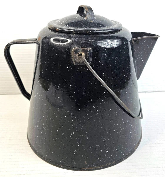 Vintage Black Enamelware Coffee Pot With Speckled Design Lid Camping Tea Kettle