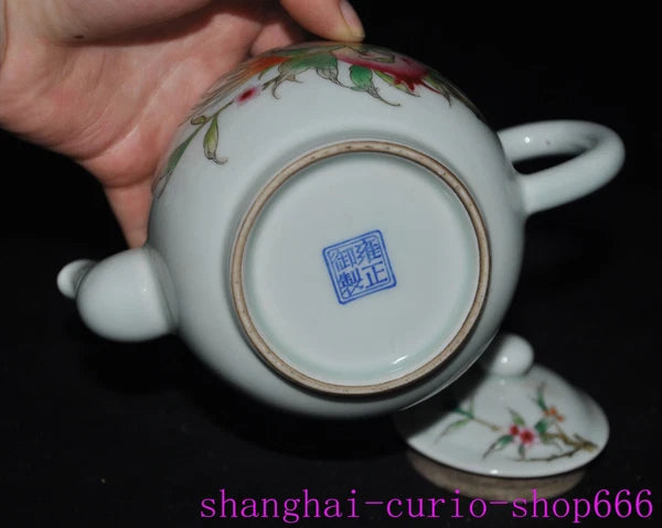6"China Qing Yongzheng enamel porcelain shoutao Peach text Tea set Teapot statue