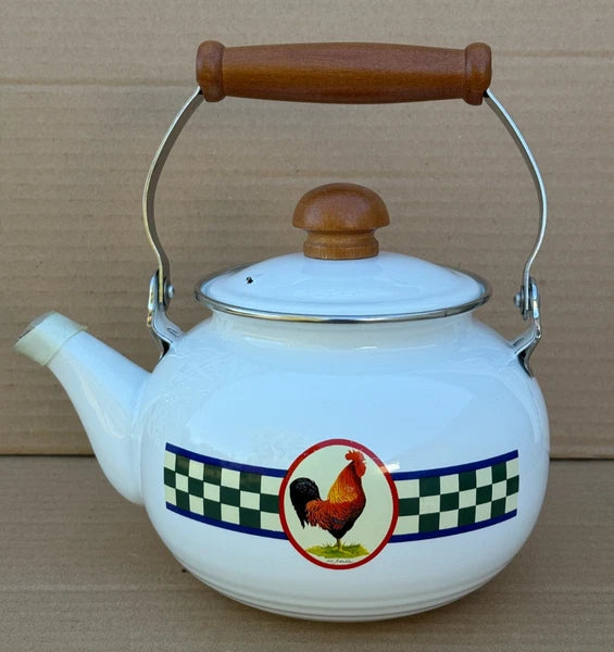Bob Timberlake Rooster Whistling Kettle Tea Pot Enamel Checkered Board