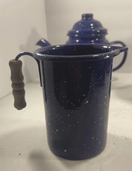 Enamelware Speckled Blue Tea Pot Kettle, Cup And Small Picher