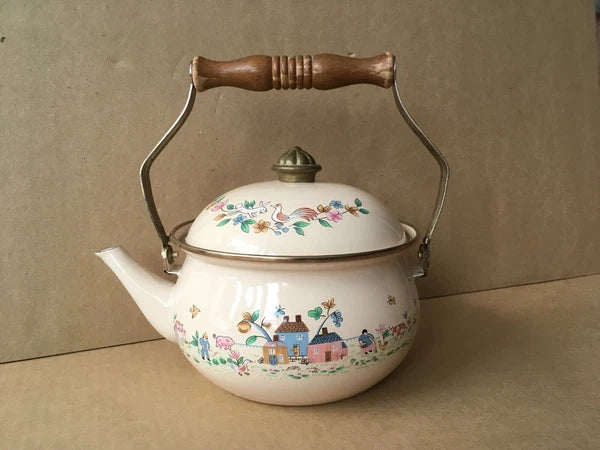 Vintage Enamelware Teapot w/Dutch Farm Scene & Wooden Handle, 9" Ht, 7 1/8" Diam