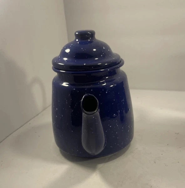 Enamelware Speckled Blue Tea Pot Kettle, Cup And Small Picher