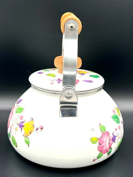 GAILSTYN SUTTON Vintage Enamel Ware Metal Teapot 1983 Floral Foliage II EUC