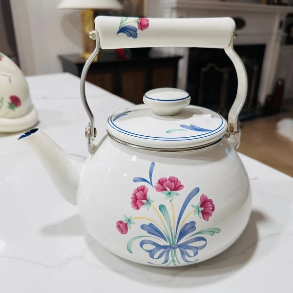 VINTAGE LENOX POPPIES ON BLUE METAL ENAMEL TEA POT KETTLE 8 CUP USA RARE