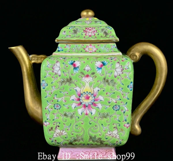 7" Old Qing Dynasty Enamel Colour Porcelain Gilt Flower Wine Tea Pot Flagon