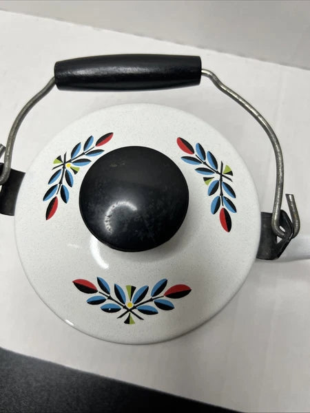 Swedish Berggren Enamel Kettle Teapot Scandinavian Folk Art Fruit W Lid Handle