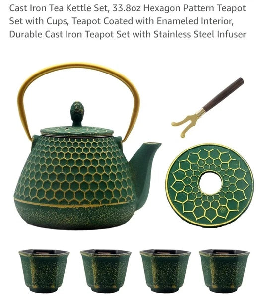 Cast Iron Tea Kettle Set 33.8oz Hexagon Pattern Teapot Set w cups green enamel