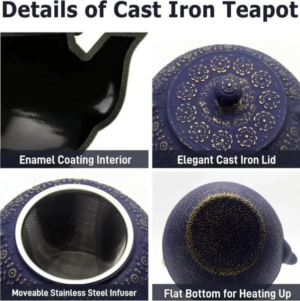 Pretty Japanese style cast iron teapot 1L capacity with tea strainer and enamel
