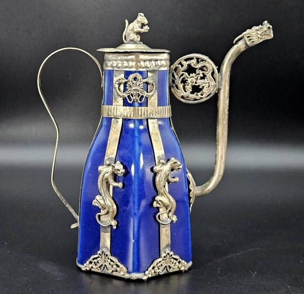 Vintage Chinese Blue Enamel Dragon Ewer Teapot w/ Rat Finial