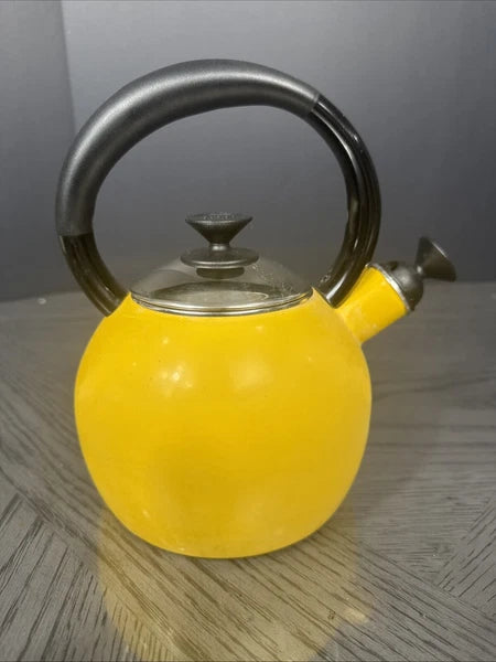 Copco Tea Kettle Pot Small Mini Yellow Enamel Whistling 1 Quart Used Clean