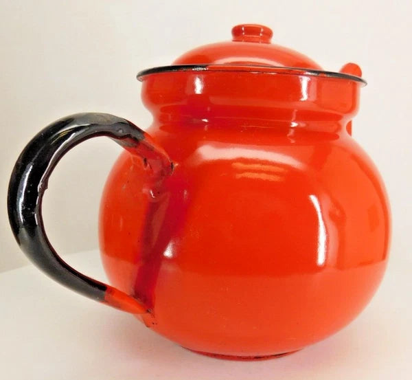 Huta Silesia Polish Enamelware Tea Kettle Red Enamel 14 Poland Vintage 1970's
