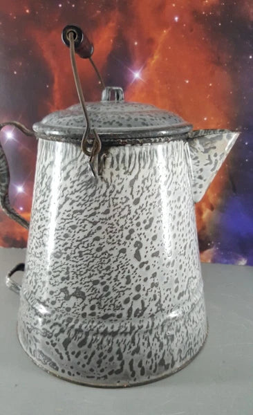 GRAY ENAMELWARE 11" COFFEE POT TEA KETTLE w/LID HANDLE FARMHOUSE CAMPING ANTIQUE