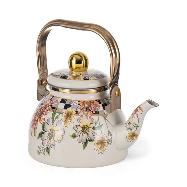 Enameled Flower Garden Tea Pot Kettle Floral Teapot with Infuser 1.2L